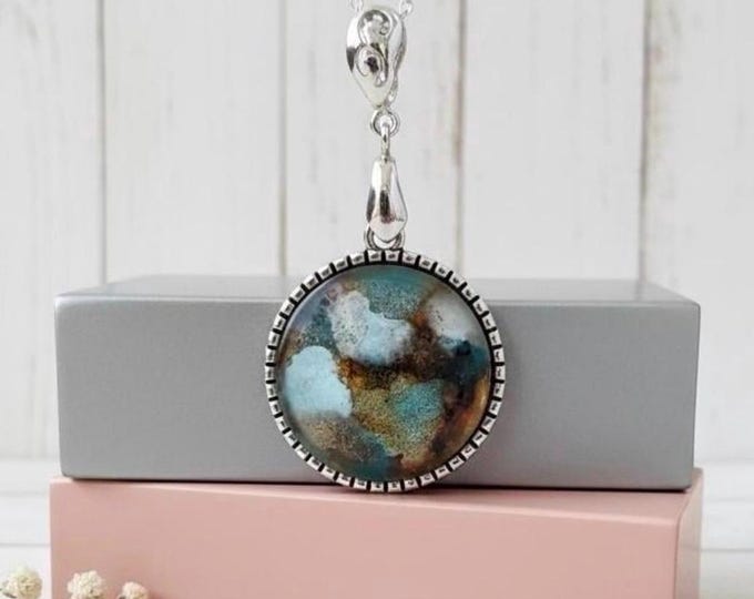 Sea Green Pendant Jewelry, Hand Painted Alcohol Ink Glass, Tree of Life Carved Necklace