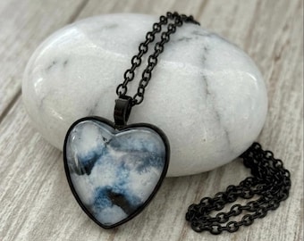 Black and White Heart Pendant, Alcohol Ink Jewelry Necklace
