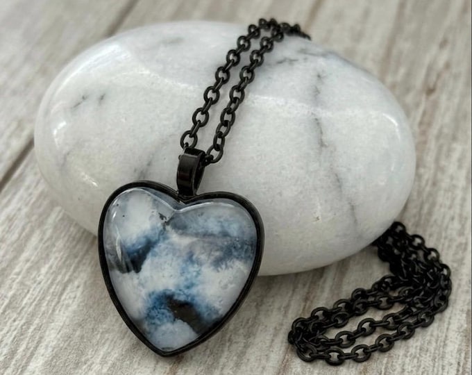 Black and White Heart Pendant, Alcohol Ink Jewelry Necklace