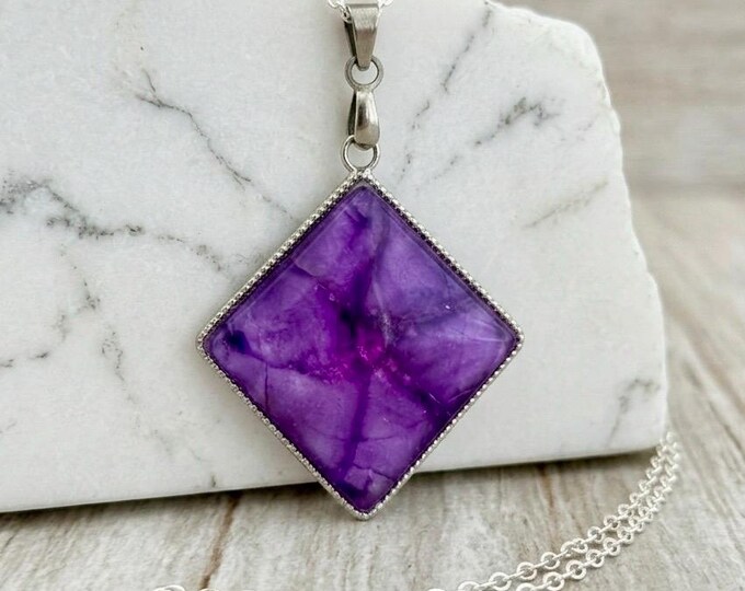 Purple Violet Jewelry Diamond Shape Pendant Hand Painted Alcohol Ink Flower Necklace