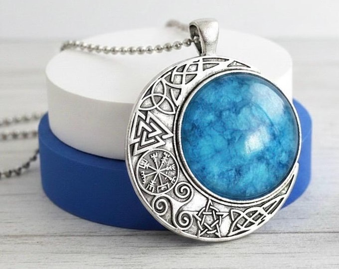 Blue Moon Celestial Jewelry Pendant, Hand Painted Necklace and Earrings Set
