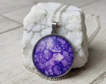 Purple Bloom Jewelry Pendant, Hand Painted Alcohol Ink Painted Necklace