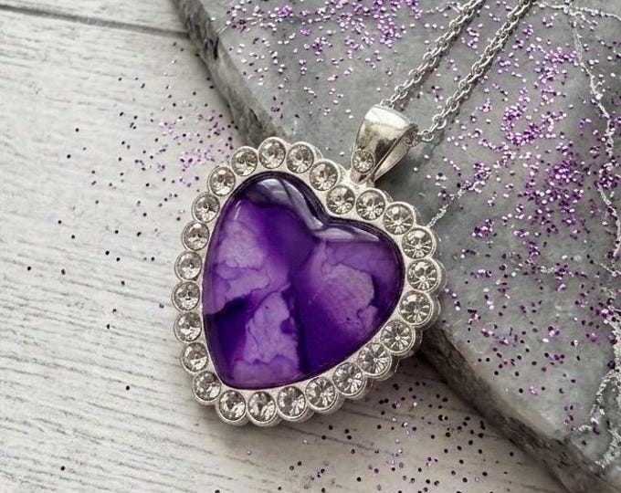 Purple Jade Heart Pendant, Rhinestone Jewelry, Alcohol Ink Necklace