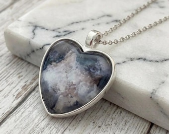 Silver Rose Heart Pendant, Black and White Jewelry Necklace