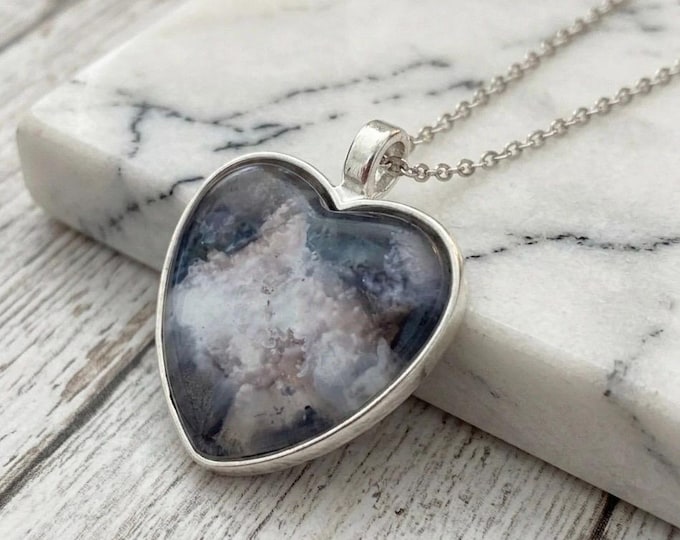 Silver Rose Heart Pendant, Black and White Jewelry Necklace