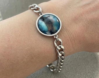 Teal and Black Bracelet Jewelry, Hand Painted Alcohol Ink Link Curb Chain