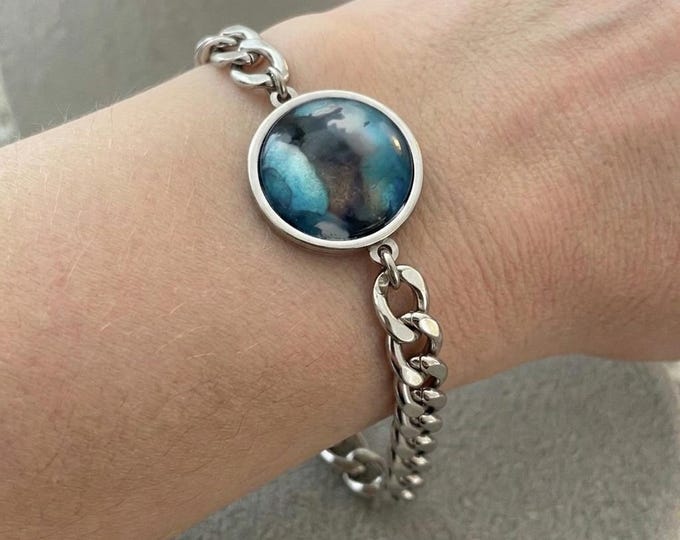 Teal and Black Bracelet Jewelry, Hand Painted Alcohol Ink Link Curb Chain