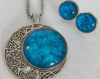 Morning Blue Celestial Pendant Earring Set