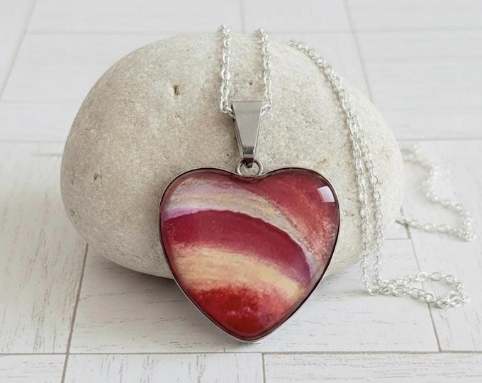 Heart Red Gold Alcohol Ink Hand Painted Rainbow Stripe Unique Abstract Silver Necklace Pendant