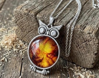 Golden Amber Owl Bird Jewelry Pendant, Alcohol Ink Painted Necklace