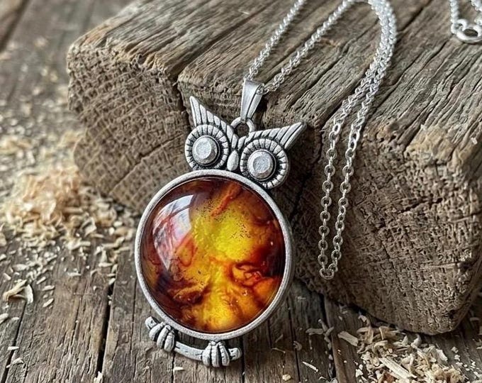 Golden Amber Owl Bird Jewelry Pendant, Alcohol Ink Painted Necklace