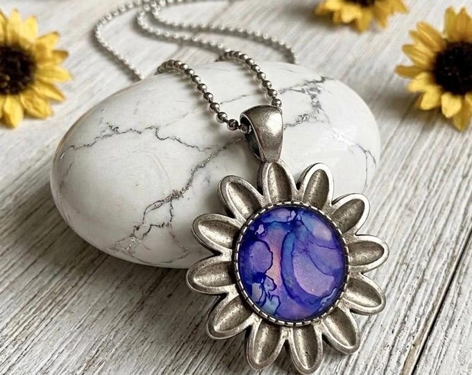 Purple Sunflower Shape Pendant, Alcohol Ink Jewelry Necklace