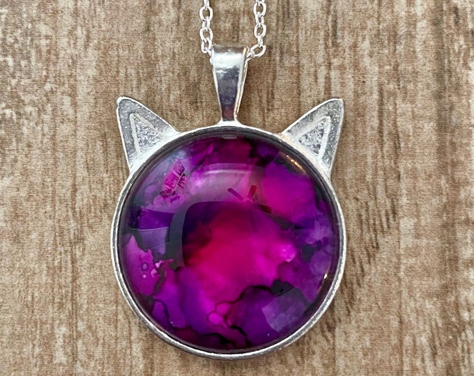 Peony Pink Silver Cat Pendant