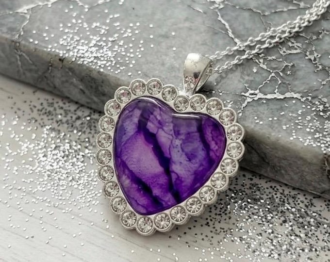 Purple Iris Heart Pendant, Rhinestone Jewelry, Alcohol Ink Necklace