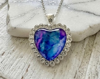 Blue Star Heart Pendant, Rhinestone Jewelry, Alcohol Ink Necklace