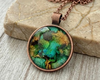 Emerald Green Pendant, Antique Vintage Copper Jewelry Necklace