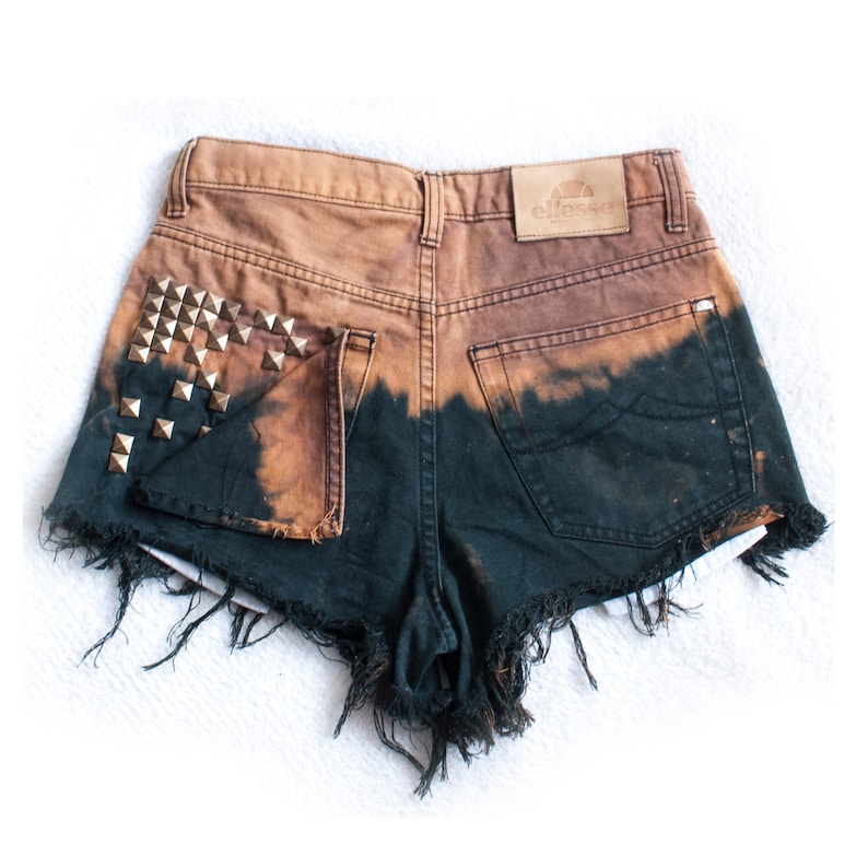 studded pockets HIGH WAISTED DENIM shorts hand dyed with studs size small distressed shorts