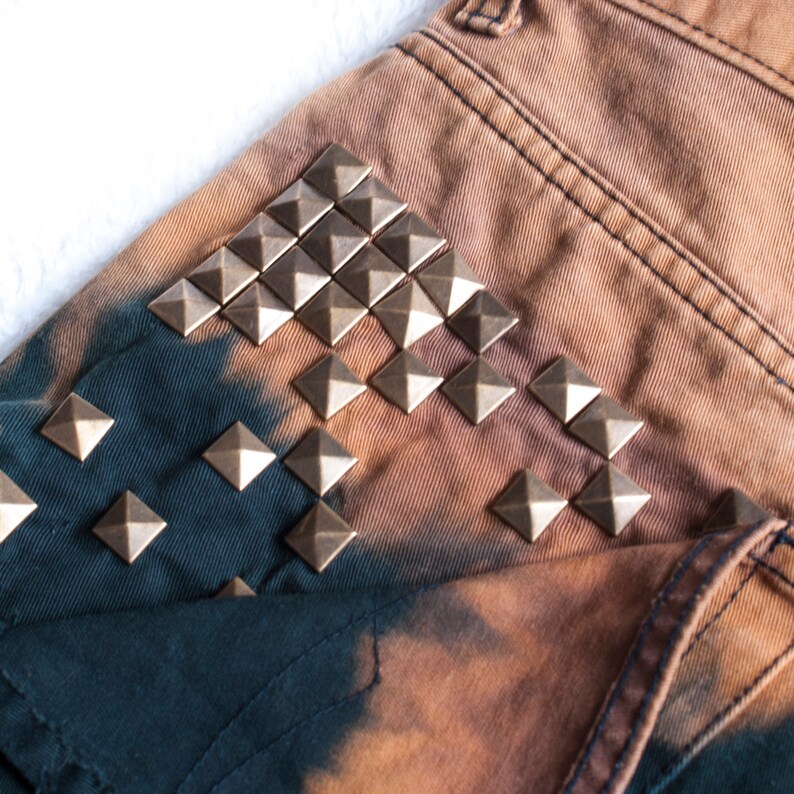 studded pockets HIGH WAISTED DENIM shorts hand dyed with studs size small distressed shorts