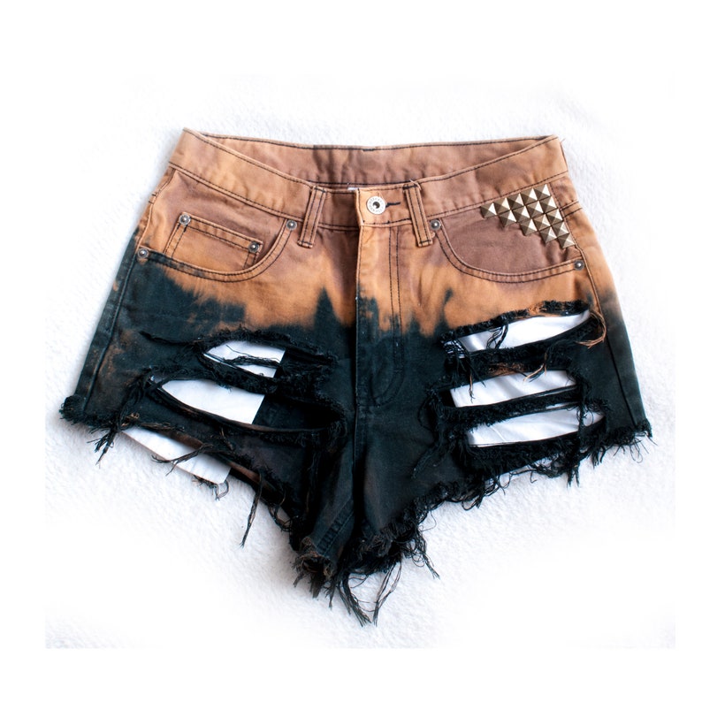 studded pockets HIGH WAISTED DENIM shorts hand dyed with studs size small distressed shorts