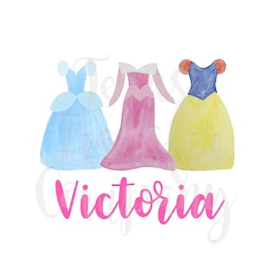 personalized princess dresses sublimation transfer, cotton tshirt transfer, ready to press heat transfer, watercolor princess fairytale
