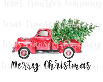 vintage red truck christmas tree sublimation transfer, cotton tshirt transfer, ready to press heat transfer, christmas truck tshirt transfer