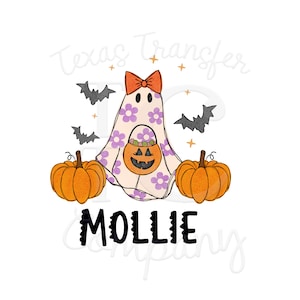 cute ghost personalized halloween sublimation transfer, cotton tshirt transfer, ready to press, girls halloween transfer, cute retro ghost