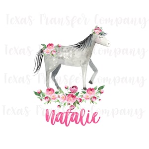 personalized boho horse heat transfer, sublimation transfer, cotton heat transfer, horse with floral crown, girls tshirt transfer