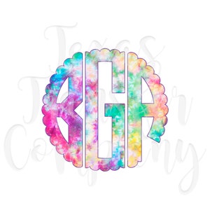 round tie dye scallop monogram customized sublimation transfer, cotton heat transfer, girl tie dye monogram t-shirt transfer