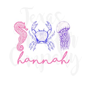 personalized girls crab transfer ready to press, kids cotton tshirt transfer, watercolor crab, seahorse crab sting ray