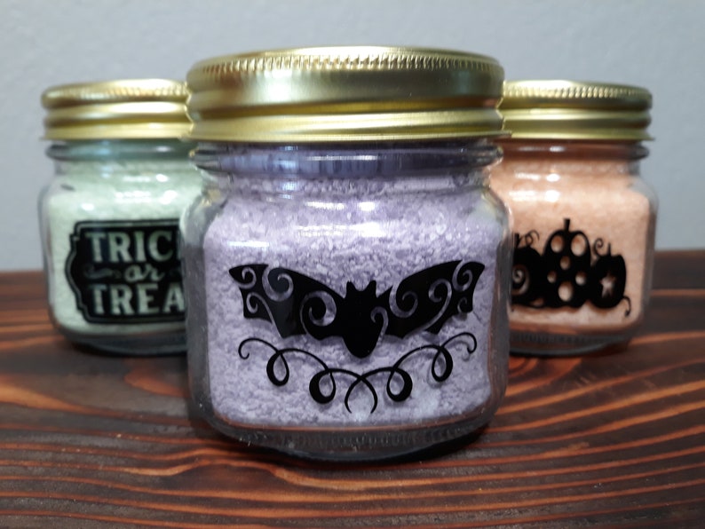 Halloween bath salts in glass jars with vinyls | Etsy