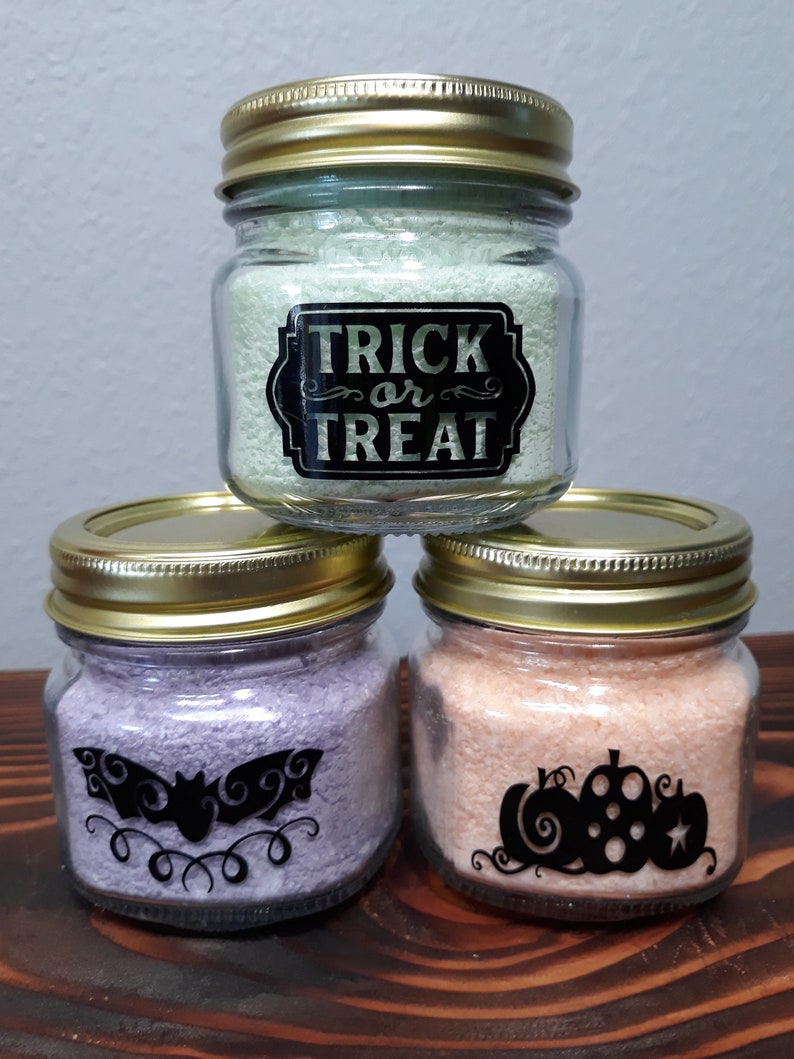 Halloween bath salts in glass jars with vinyls | Etsy