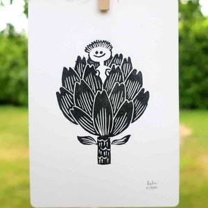 Coeur d'artichaut - Les petites graines - Linogravure A6 fait main