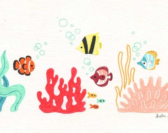 Les petits poissons Illustration jeunesse originale aux crayons de couleur