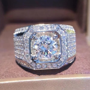 Moissanite Round Diamond Men's Ring, 14k Solid White Gold Ring For Men, Solitaire Round Moissanite Men's Ring, gift ring for men
