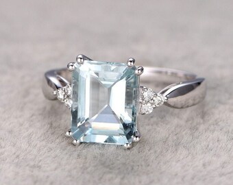 Emerald Cut Aquamarine Engagement Ring, 14k Solid White Gold Aquamarine Women Engagement Ring, Aquamarine Birthstone Gemstone Ring