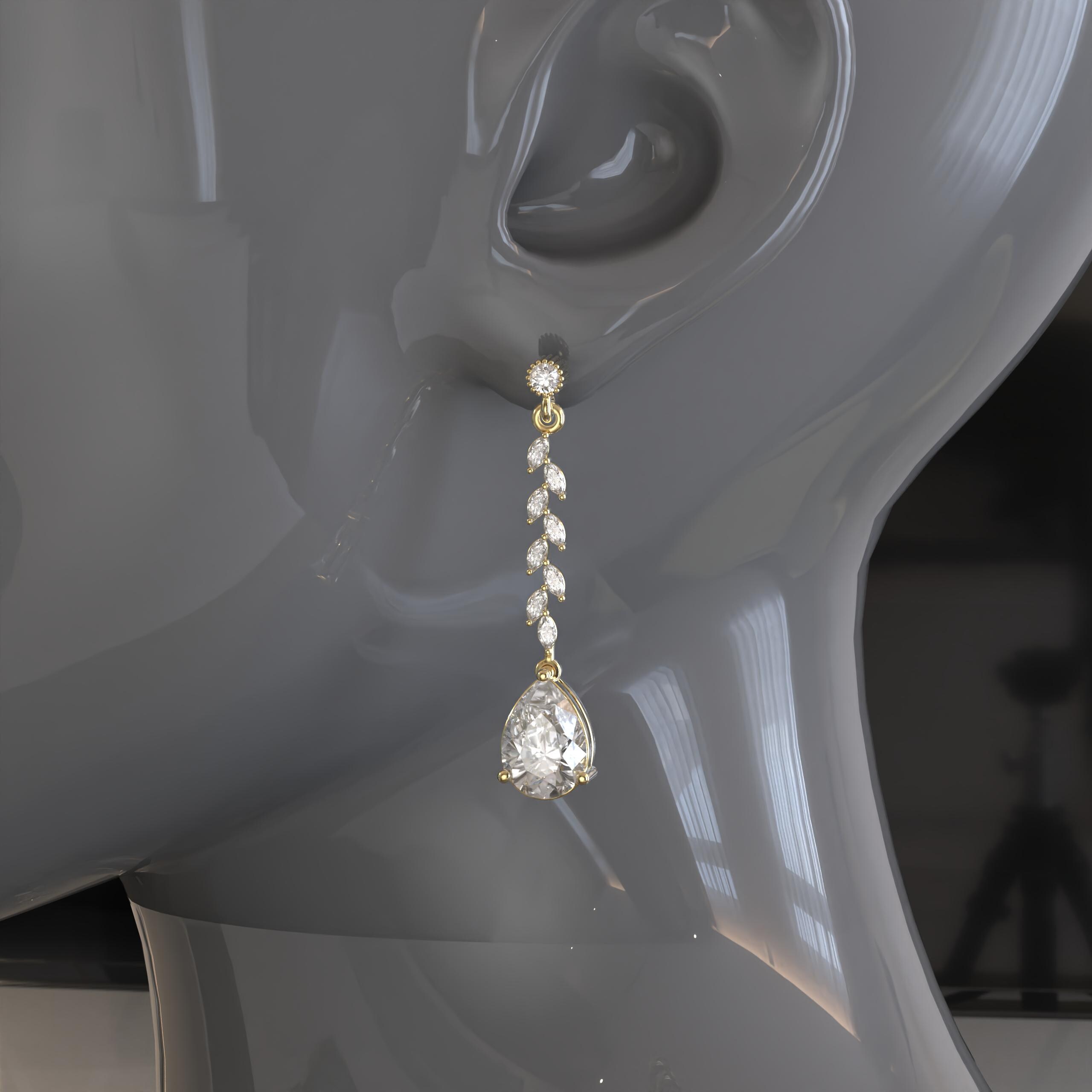 Pear Marquise Lab Grown Diamond Earrings, Solid Gold Dangle Drop