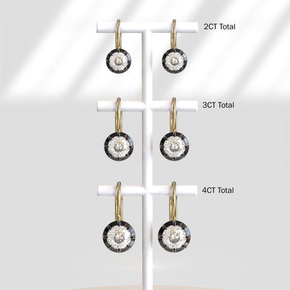 Georgian Cut Down Button Back Setting Moissanite Earrings Gypset, Victorian Earrings, Blackened Gold Lab Grown Diamond Lever Back Earrings