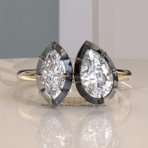 Georgian Cut Down Toi Et Moi Lab Grown Diamond Engagement Ring, Button Back Set Marquise & Pear IGI Lab Diamond Ring, Women Moissanite Ring