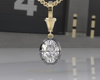 Solid Gold Certified Oval Lab Grown Diamond Pendant, Georgian Cut Down Set Diamond Collet Pendant, Blacken Oval Pendant necklace