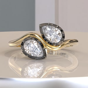 Georgian Cut Down Toi Et Moi Lab Grown Diamond Engagement Ring, Button Back Set Pear IGI Lab Diamond Ring, Women Moissanite Ring