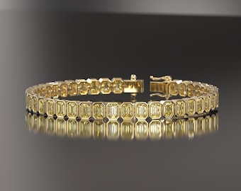 Fancy Yellow Moissanite and Lab Grown Diamond Tennis Bracelet for Women and Men, Emerald Cut Diamond Tennis Bracelet, Party Wear Bracelet