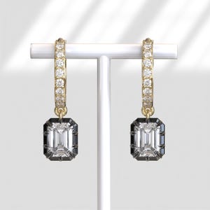 Georgian Cut Down Button Back Setting Emerald Lab Diamond Earrings, Dangle & Drop Moissanite Earrings, Victorian Style Blacken Gold Earrings