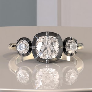 Georgian Cut Down Three Stone Lab Grown Diamond Engagement Ring, Button Back Set Cushion & Round Women Ring, Three Stone Moissanite Ring