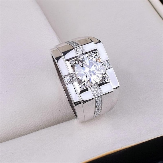 Men's 14K White Gold Moissanite Engagement Ring