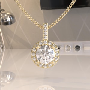 Round Cut Moissanite Pendant, Solid Gold 1.25CT Certified Round Lab Grown Diamond Pendant Necklace, Halo Round Solitaire Pendant for women