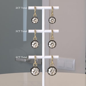 Orecchini georgiani con bottone tagliato sul retro e moissanite incastonata in gypsophila, orecchini vittoriani, orecchini pendenti con taglio europeo antico in oro annerito