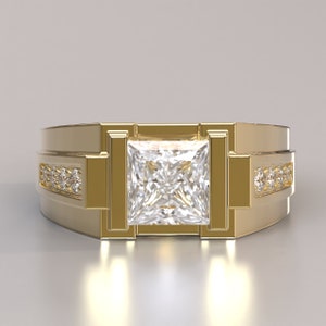 Princess Cut Moissanite Men's Ring, Solid Gold Ring For Men, Princess Lab Grown Diamond Men's Ring, Princess Gents Diamond Ring