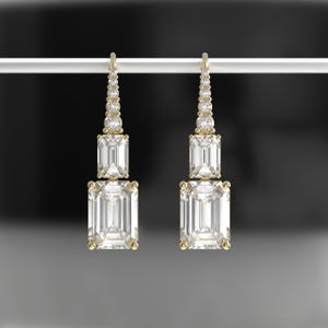 Smaragd geschnittene Diamant-Ohrringe, solide Gold baumeln Tropfen Ohrdraht Ohrringe für Frauen, Moissanite Party tragen lange Tropfen Ohrringe