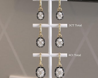 Georgische ingekorte knop achterkant instelling Moissaniet oorbellen Gypset, Victoriaanse oorbellen, zwart goud lab-gegroeide diamanten hoepeloorbellen