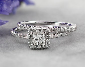 Princess Cut Moissanite Engagement Ring, 14K Natural Diamond Ring For Women Engagement Ring,Natural diamond bridal set, Wedding pair band